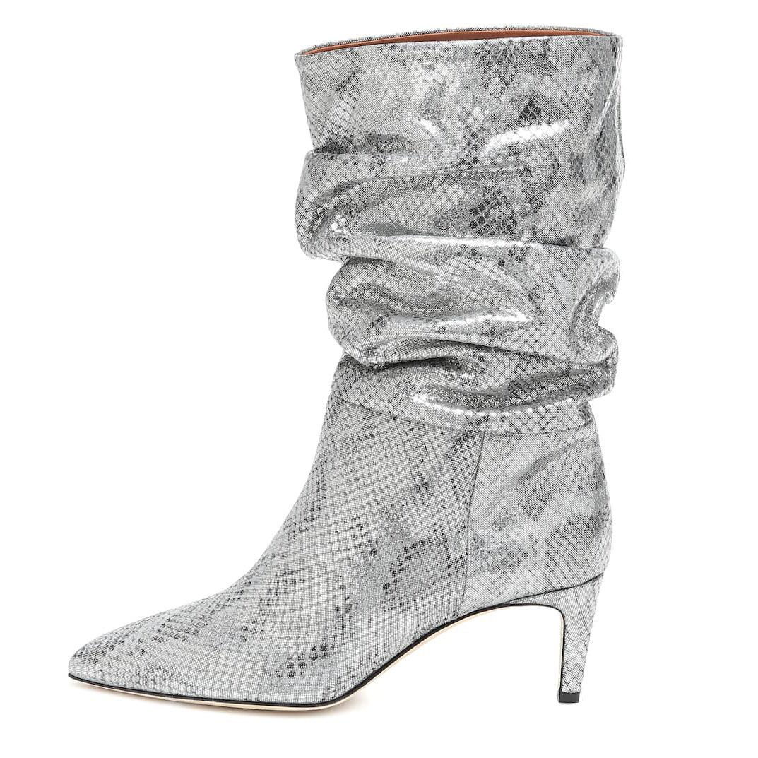 Pointed Toe Stiletto High Heel Snake Print Pleated Mid-top Boots Purple And Silver Women's Boots