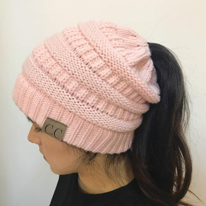 High Bun Ponytail Beanie Hat Chunky Soft Stretch Cable Knit Warm Fuzzy Lined Skull Beanie Acrylic Hats Men And Women - MRSLM