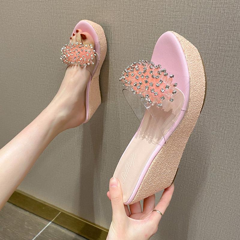 platform rhinestone fish mouth slippers, view 4 - MRSLM