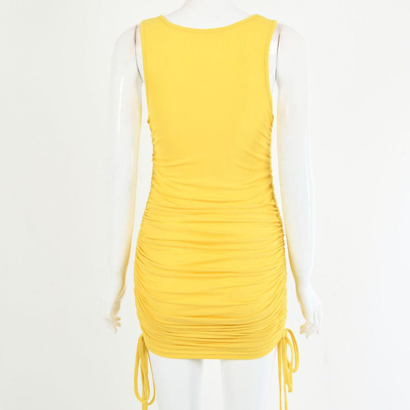 drawstring pleated hip-wrap vest dress, view 4 - MRSLM