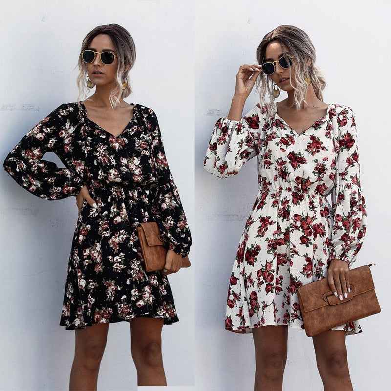 Polka dot flower bubble lantern sleeve dress - MRSLM