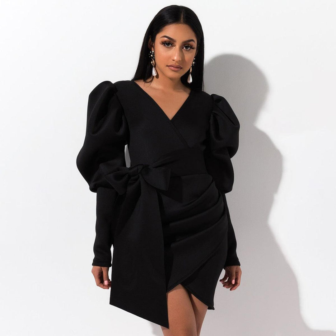 V-neck wrap chest puff sleeve bow tie slim coat - MRSLM