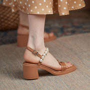 women's open toe thick heel pearl sandals - MRSLM