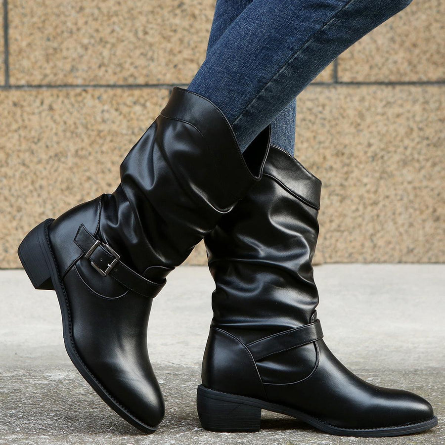 Large Size Pleated Belt Buckle Thick Heel Mid-tube Round Toe Rider Boots Women's - MRSLM