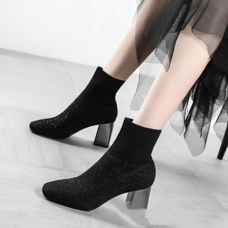 Knitted stretch thick heel ankle boots - MRSLM