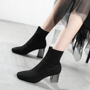 Knitted stretch thick heel ankle boots, view 3 - MRSLM