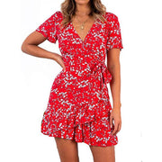 stitched print v-neck commuter dress, view 8 - MRSLM