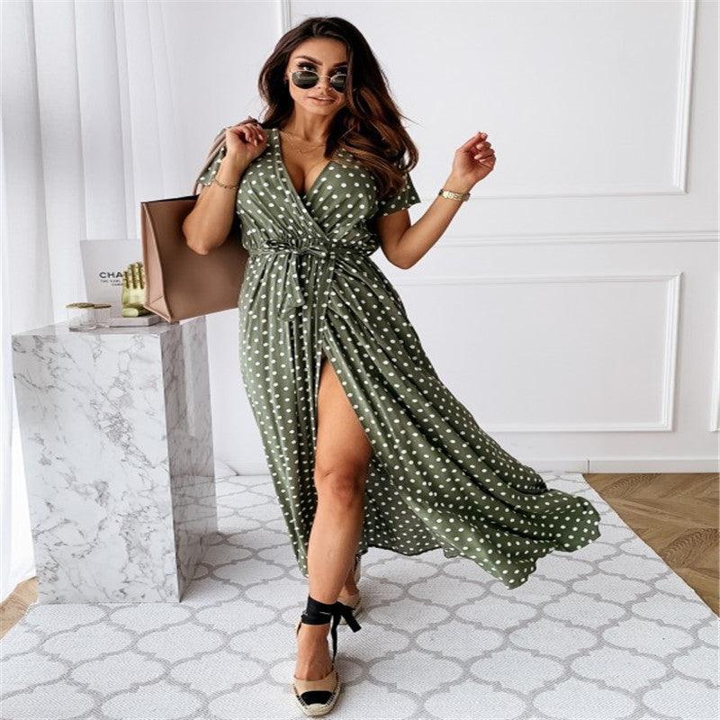 v-neck bohemian polka dot long dress, view 5 - MRSLM
