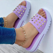 Women's summer wedge rivet flip flops, view 4 - MRSLM