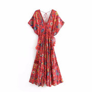 Summer vacation beach skirt dress positioning print V-neck lace dress - MRSLM