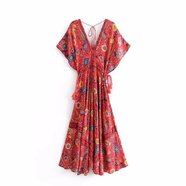 Summer vacation beach skirt dress positioning print V-neck lace dress - MRSLM