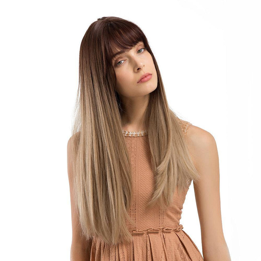 Charming Fluffy Straight Hair Wig High-Temperature Fiber Natural Long Hair Full Wigs Gradual Brown - MRSLM