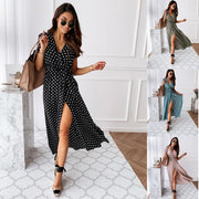 v-neck bohemian polka dot long dress - MRSLM