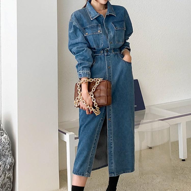 Korean style slim denim dress female waist single breasted - MRSLM