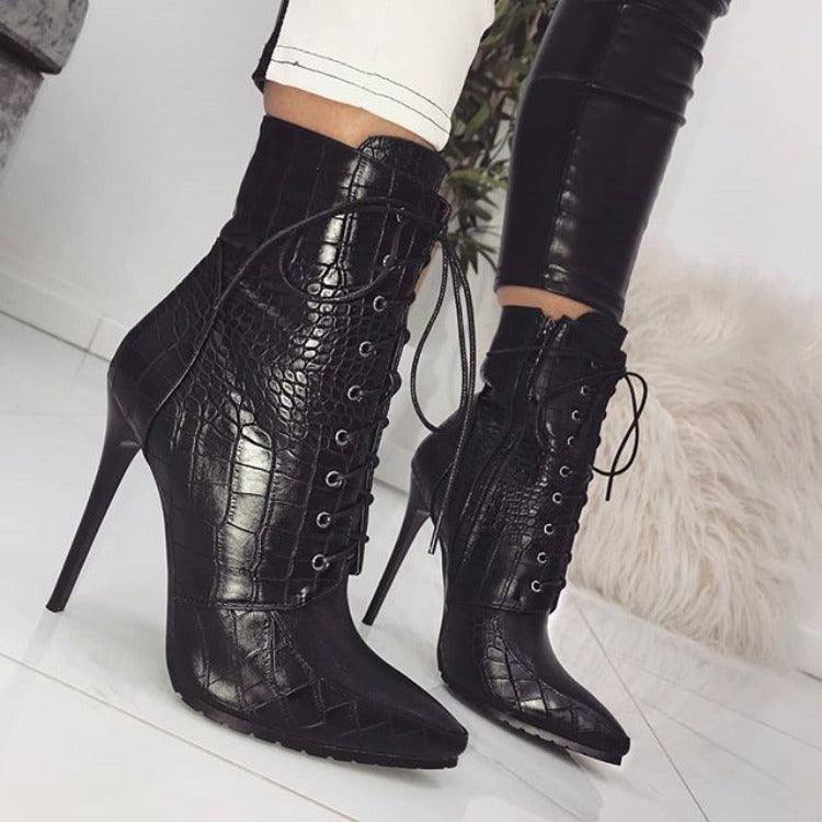 snake print lace-up pointed-toe women's boots - MRSLM