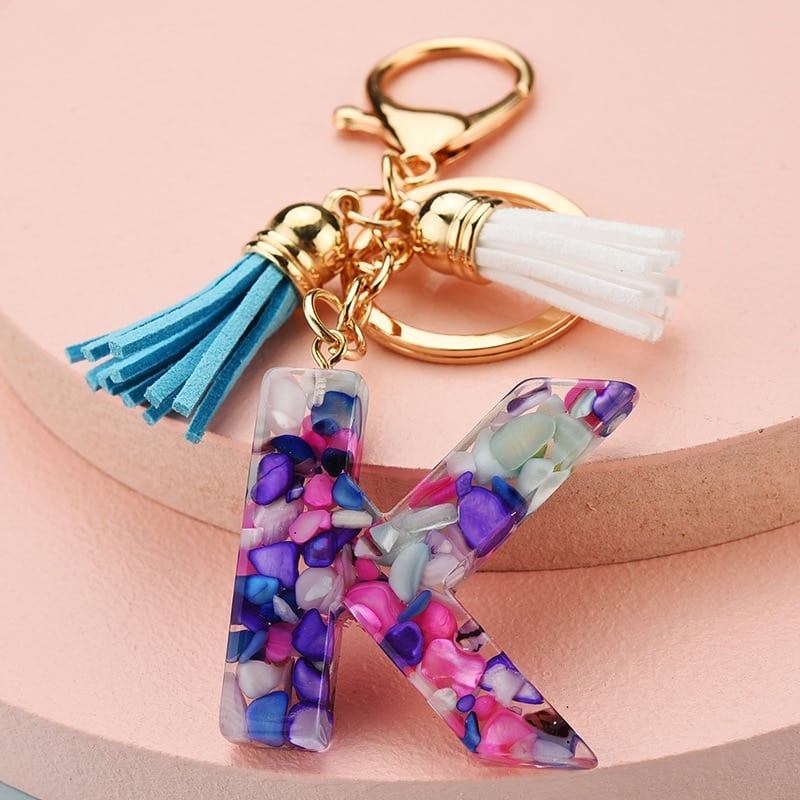 colorful resin letter key ring with tassel, view 29 - MRSLM