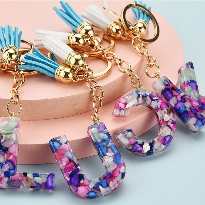 Colorful Resin Letter Key Ring with Tassel