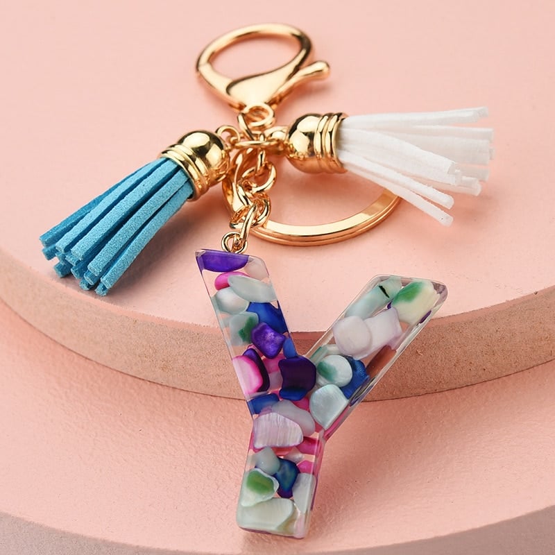colorful resin letter key ring with tassel, view 10 - MRSLM