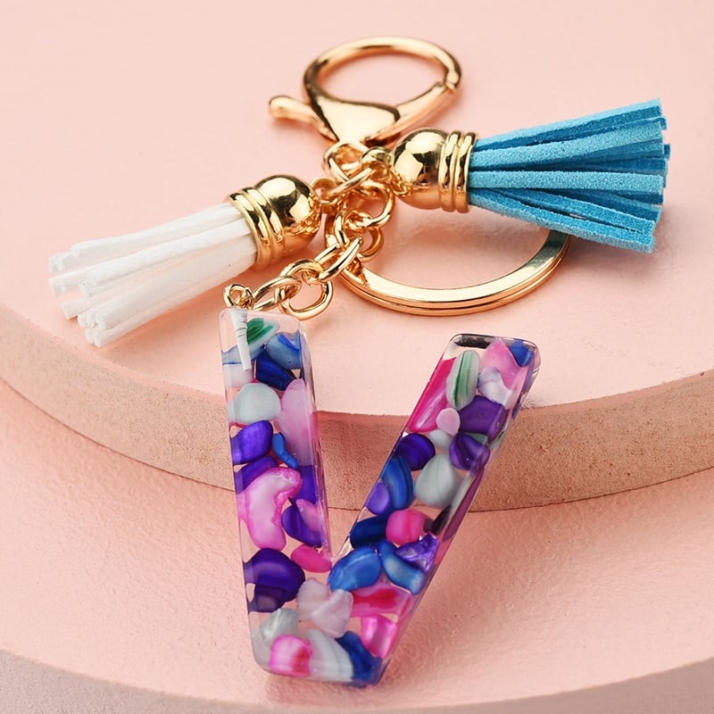 colorful resin letter key ring with tassel, view 15 - MRSLM