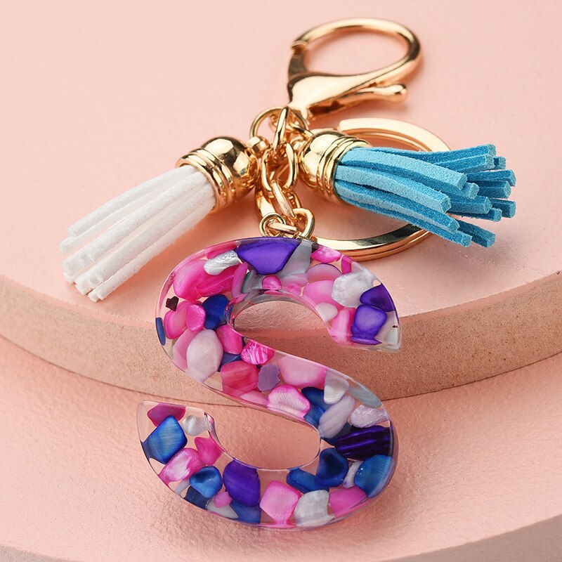 colorful resin letter key ring with tassel, view 20 - MRSLM