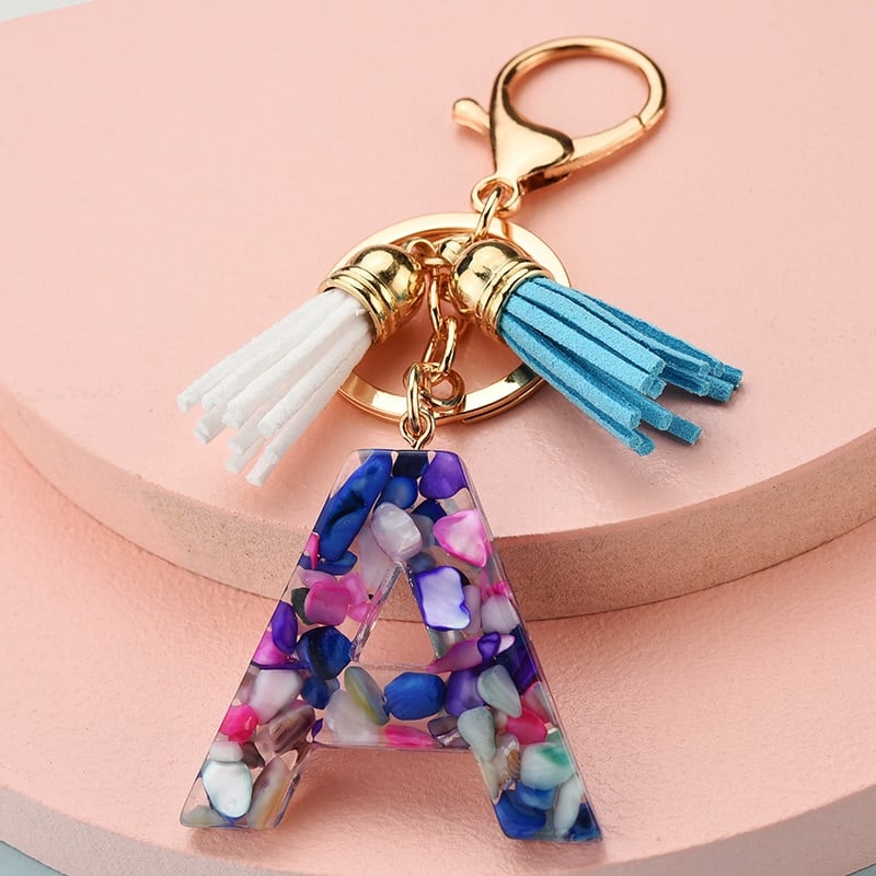 colorful resin letter key ring with tassel, view 27 - MRSLM