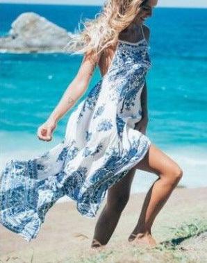 peacock print suspender dress, view 3 - MRSLM
