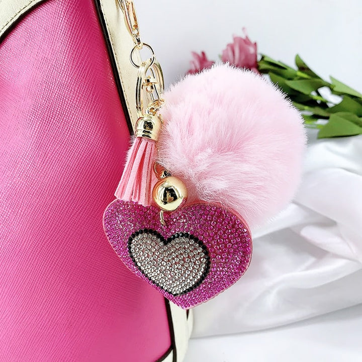 Pompom Keychain with Rhinestone Heart Charm