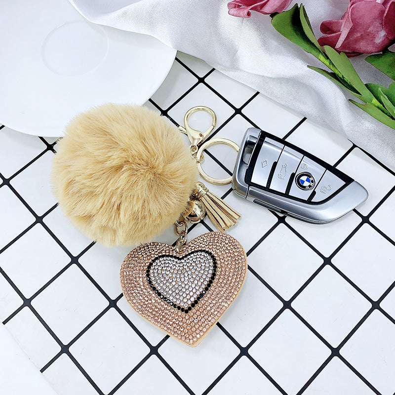 Pompom Keychain with Rhinestone Heart Charm