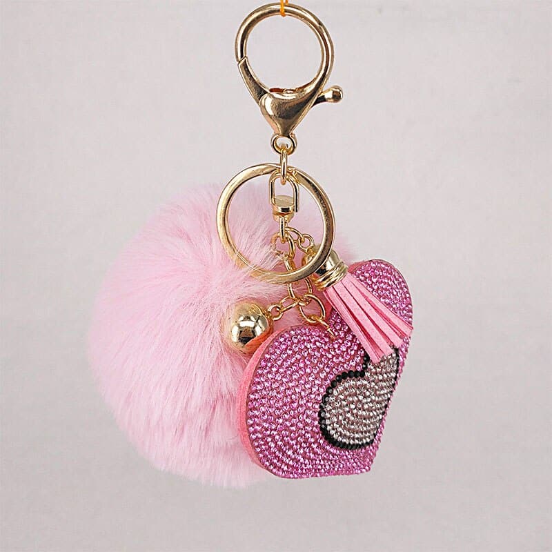 Pompom Keychain with Rhinestone Heart Charm