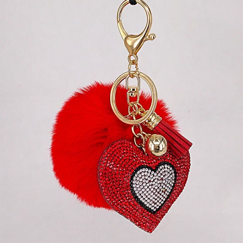 Pompom Keychain with Rhinestone Heart Charm