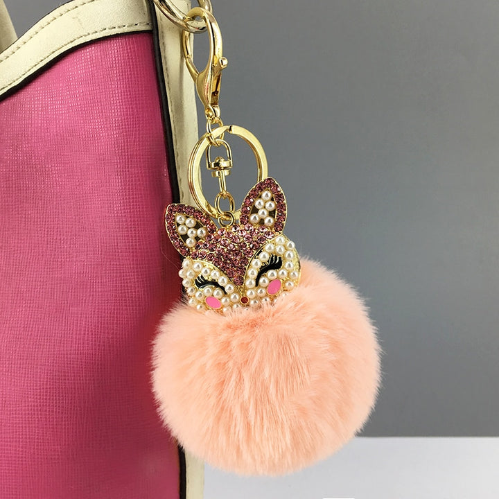 Women's Rhinestones Decorated Fox Fur Ball Keychain