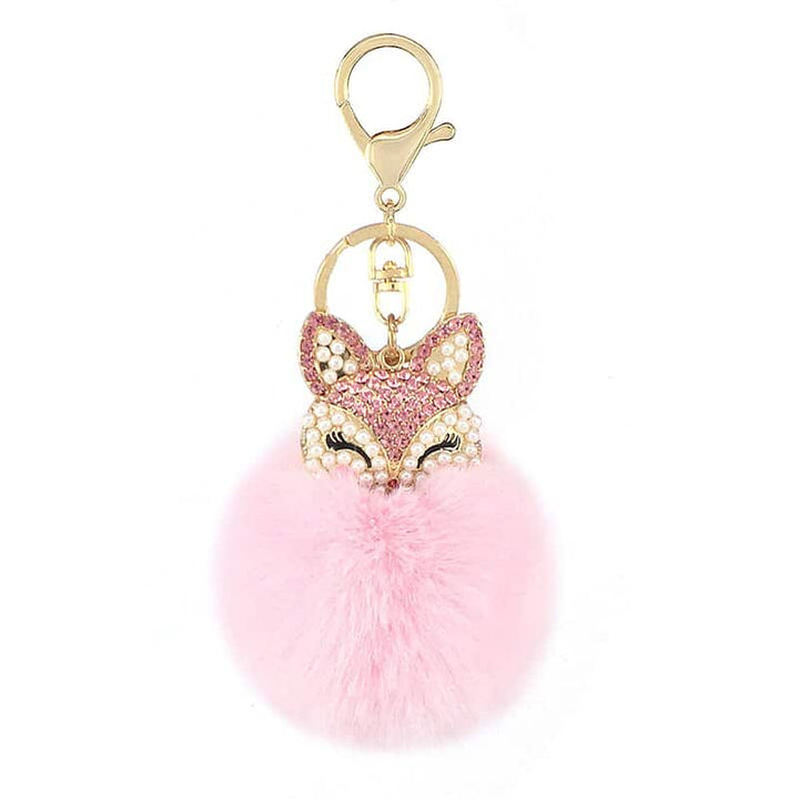 Women's Rhinestones Decorated Fox Fur Ball Keychain