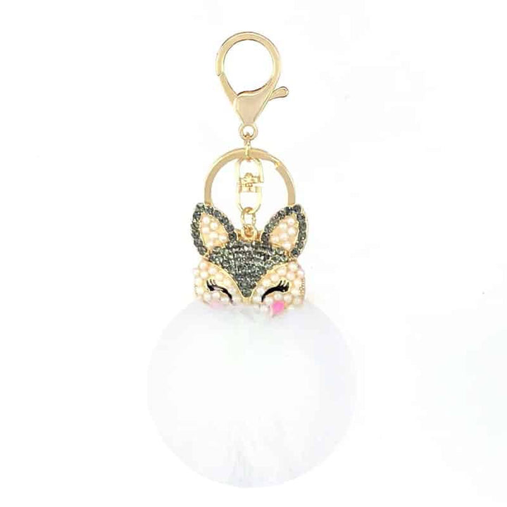 Women's Rhinestones Decorated Fox Fur Ball Keychain