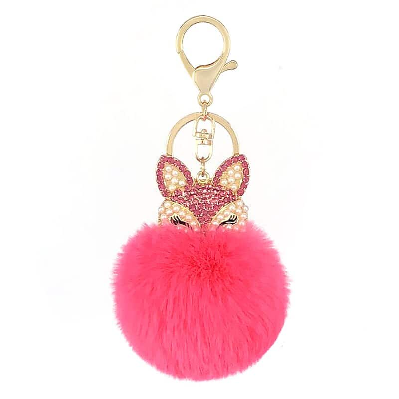 Women's Rhinestones Decorated Fox Fur Ball Keychain