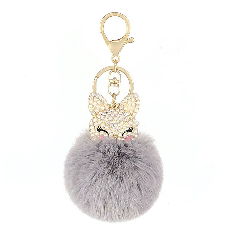 Women's Rhinestones Decorated Fox Fur Ball Keychain