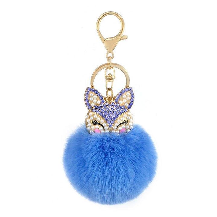 Women's Rhinestones Decorated Fox Fur Ball Keychain