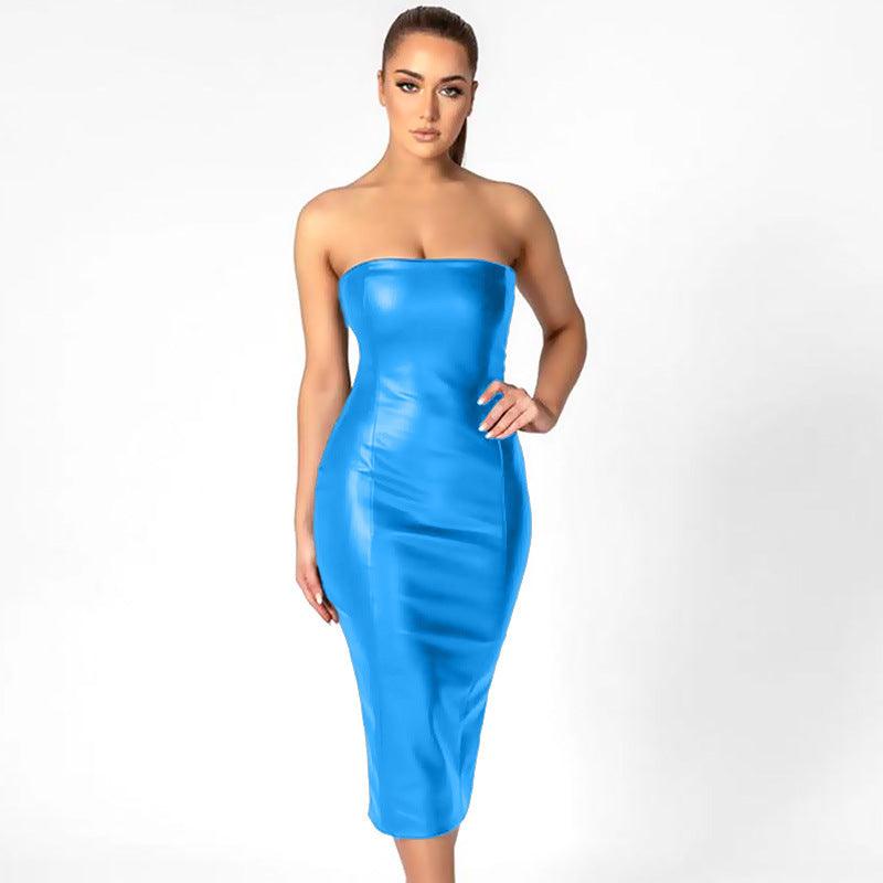 Slim PU leather tube dress with rear slit, view 5 - MRSLM