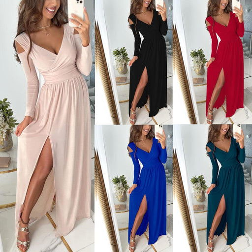 Women's long sleeve V-neck slit dress - MRSLM