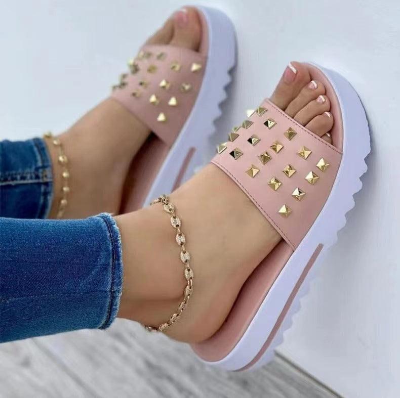 Women's summer wedge rivet flip flops, view 6 - MRSLM