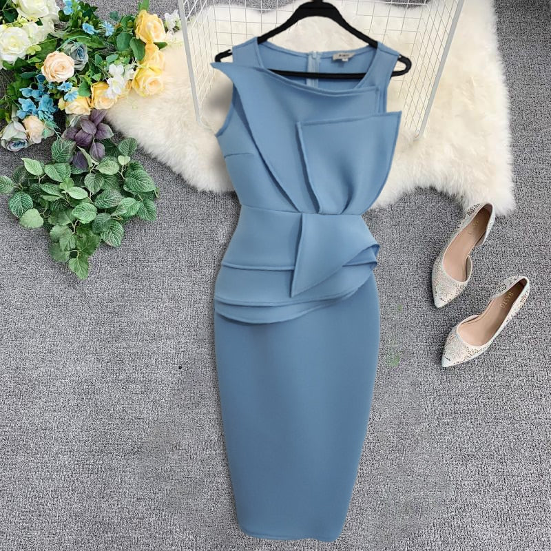 women's blue sleeveless midi dress, view 6 - MRSLM