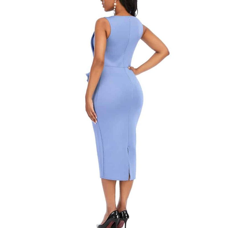 women's blue sleeveless midi dress, view 4 - MRSLM
