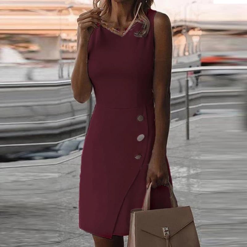 women's solid color button design dress, view 3 - MRSLM
