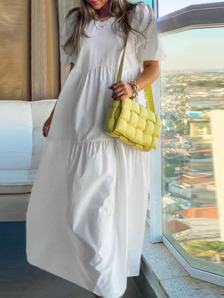 women's casual dress with puff sleeves, view 3 - MRSLM