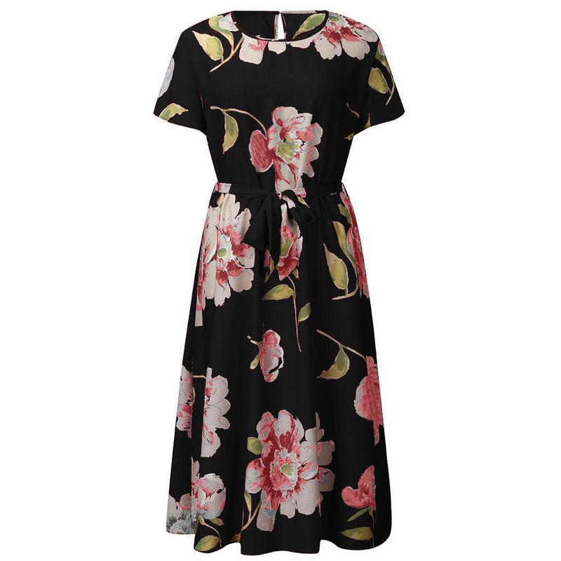 round neck printed chiffon dress, view 4 - MRSLM