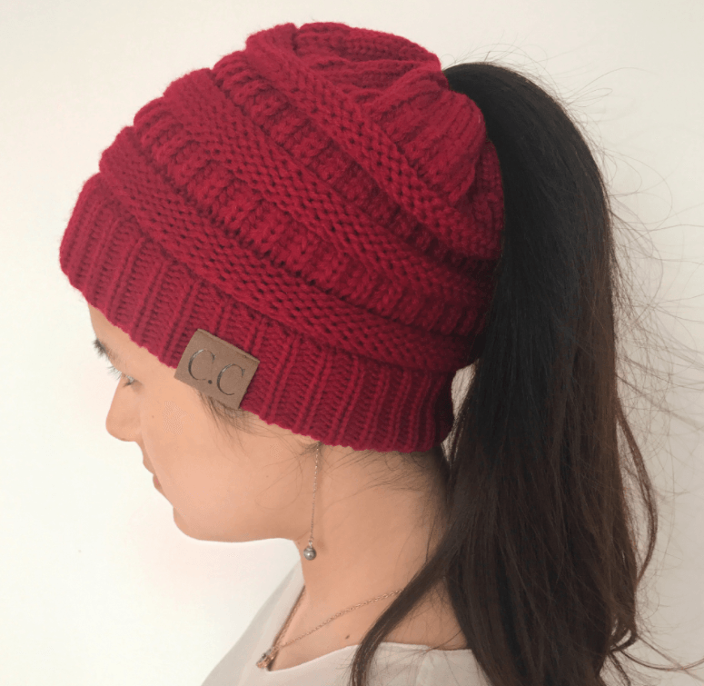 High bun ponytail cable knit beanie, view 4 - MRSLM