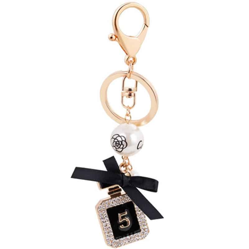 perfume bottle shaped gold keychain, view 2 - MRSLM