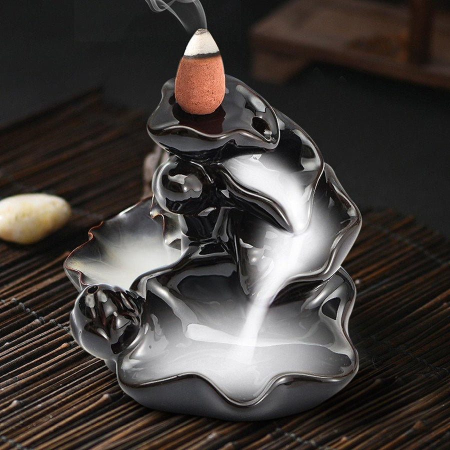 Backflow Incense Cone Burner Holder Ceramic Lotus Stream Fragrant Smoke Backflow Home Censer Decor - MRSLM