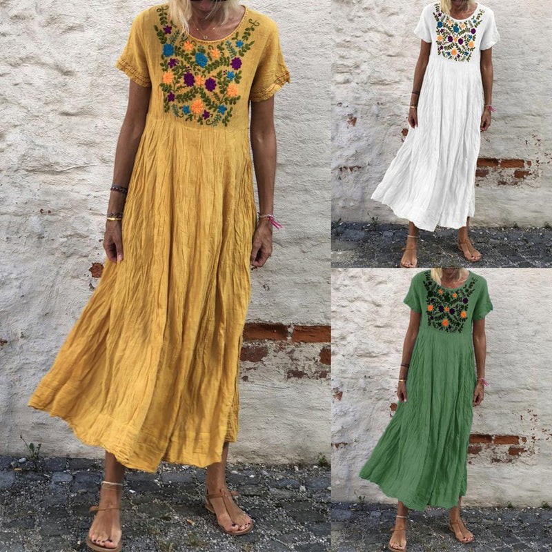 women's boho loose dress with floral embroidery - MRSLM