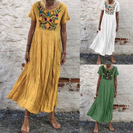 women's boho loose dress with floral embroidery - MRSLM