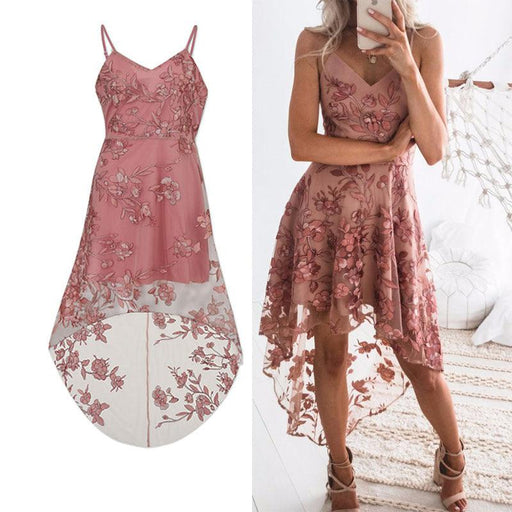 Sling irregular lace stitching dress, pink - MRSLM